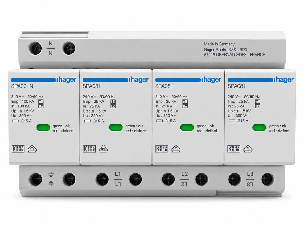 Hager SPA801 T1+T2 4 pólusú kombinált túlfeszültség-levezető, 25 kA