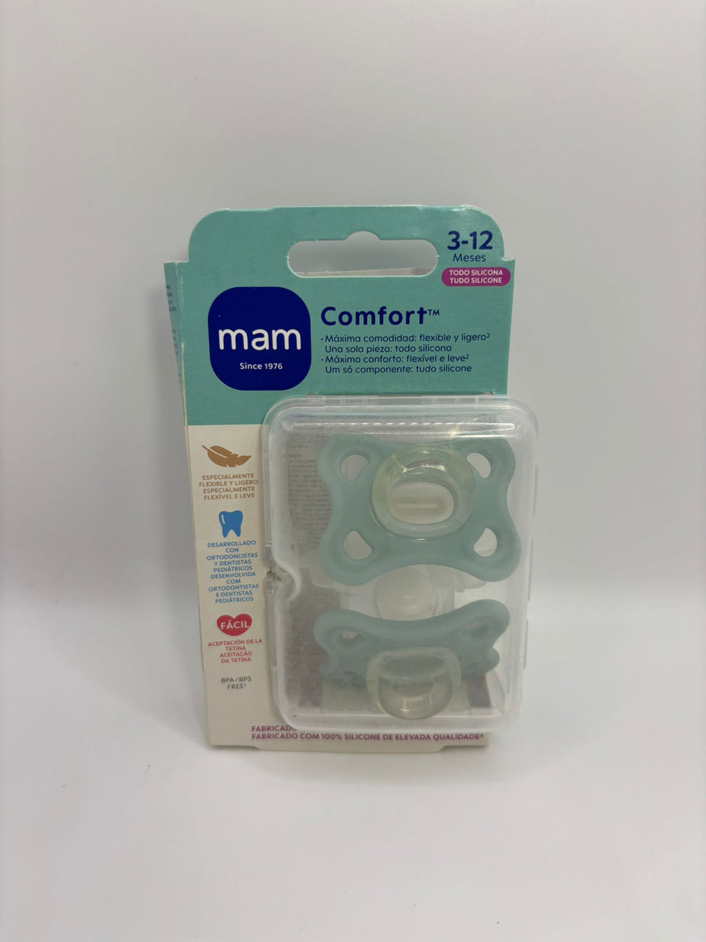 MAM Comfort szilikon cumi szett 3–12 hónapos korig, sterilizáló dobozzal (2 db)
