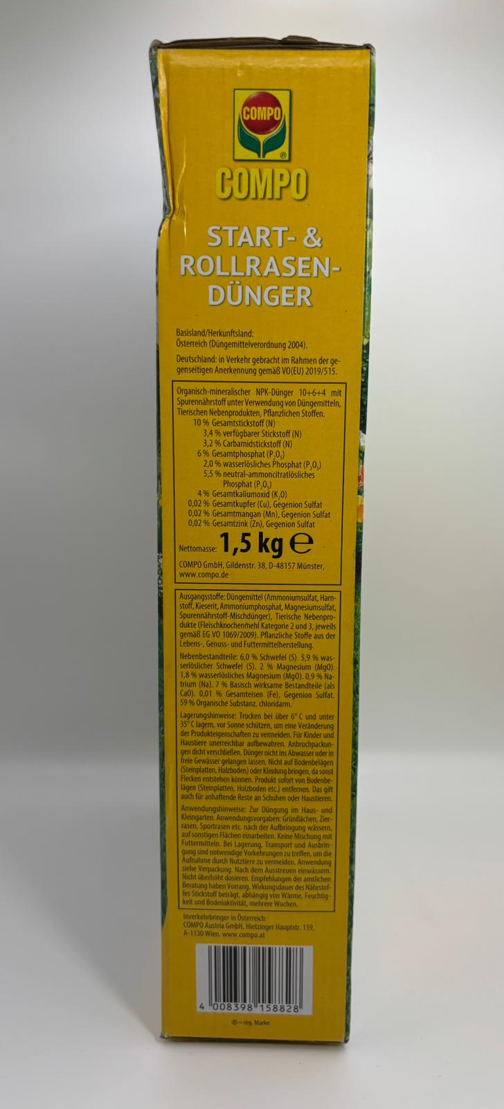COMPO Start- & Rollrasendünger – Gyeptáp újrafüvesítéshez és gyepszőnyeghez (1,5 kg)