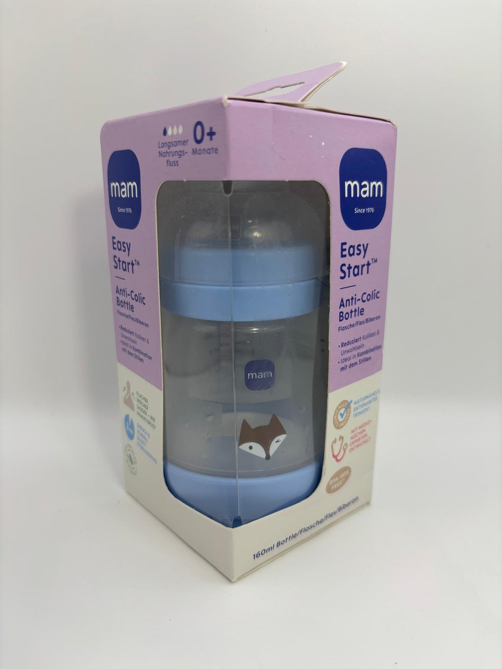 MAM Easy Start Anti-Colic cumisüveg 160 ml – Kék / Rókás minta (0+ hó)