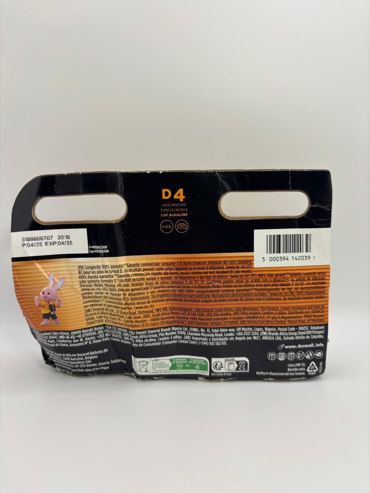 Duracell Plus D góliát elem LR20 / MN1300 1.5V alkáli – 4 db-os csomag