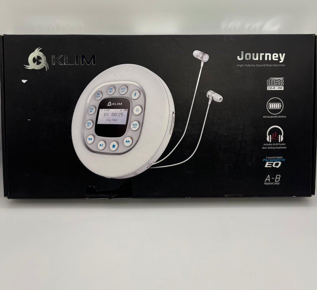 KLIM Journey hordozható CD-lejátszó – Fehér (Bluetooth, Akkumulátor, Tok, Fülhallgató)