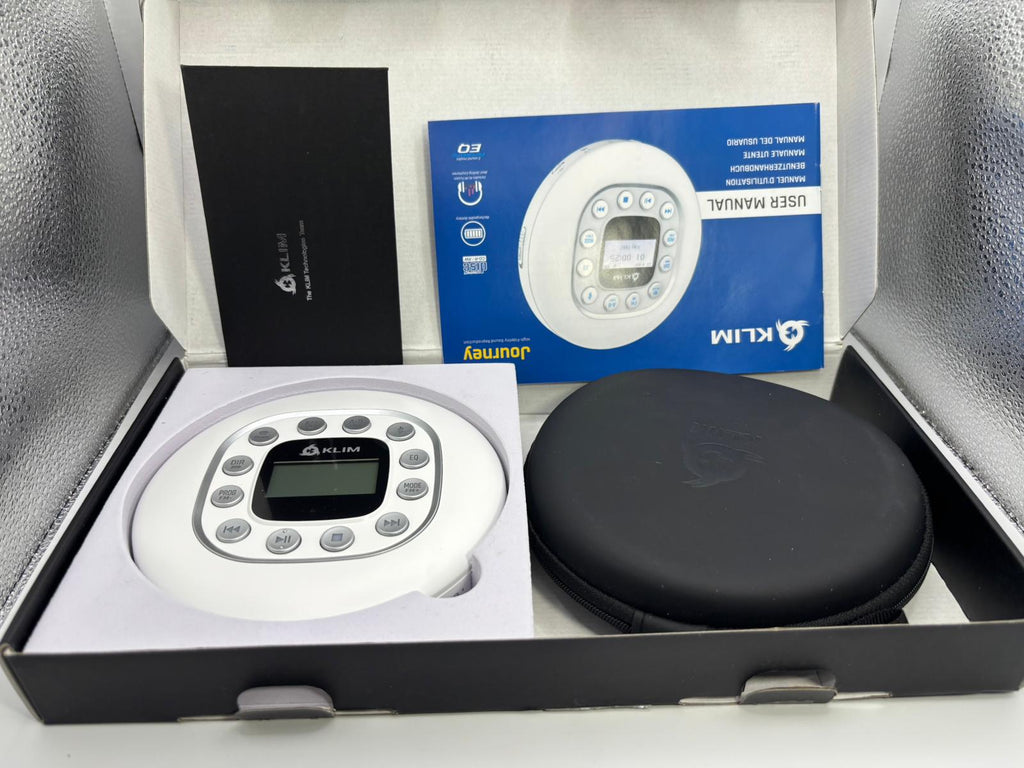 KLIM Journey hordozható CD-lejátszó – Fehér (Bluetooth, Akkumulátor, Tok, Fülhallgató)
