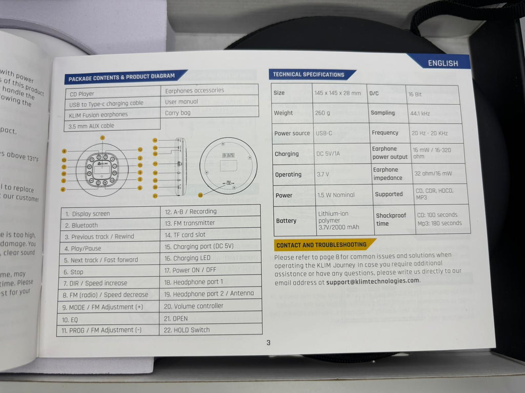 KLIM Journey hordozható CD-lejátszó – Fehér (Bluetooth, Akkumulátor, Tok, Fülhallgató)