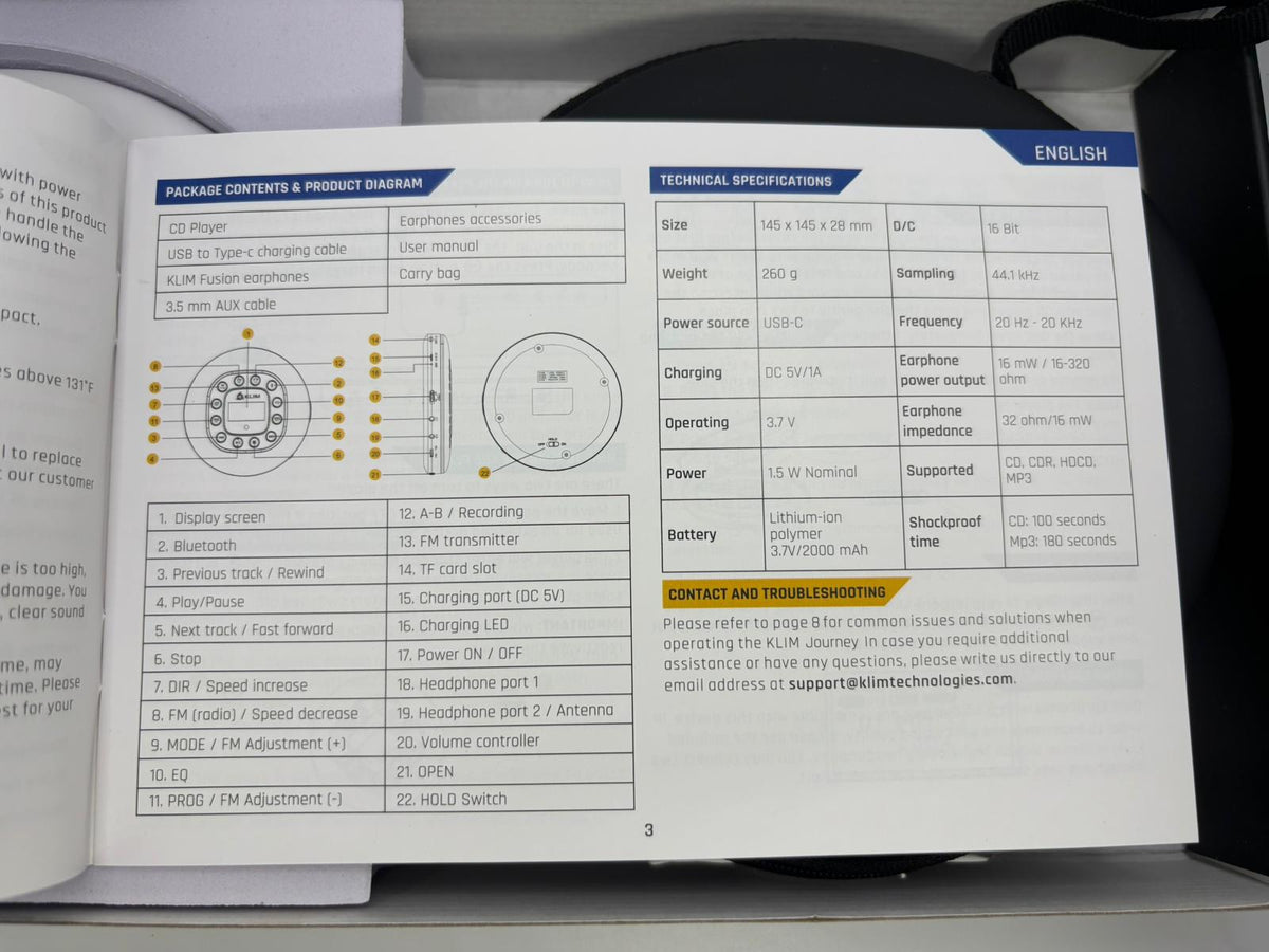 KLIM Journey hordozható CD-lejátszó – Fehér (Bluetooth, Akkumulátor, Tok, Fülhallgató)