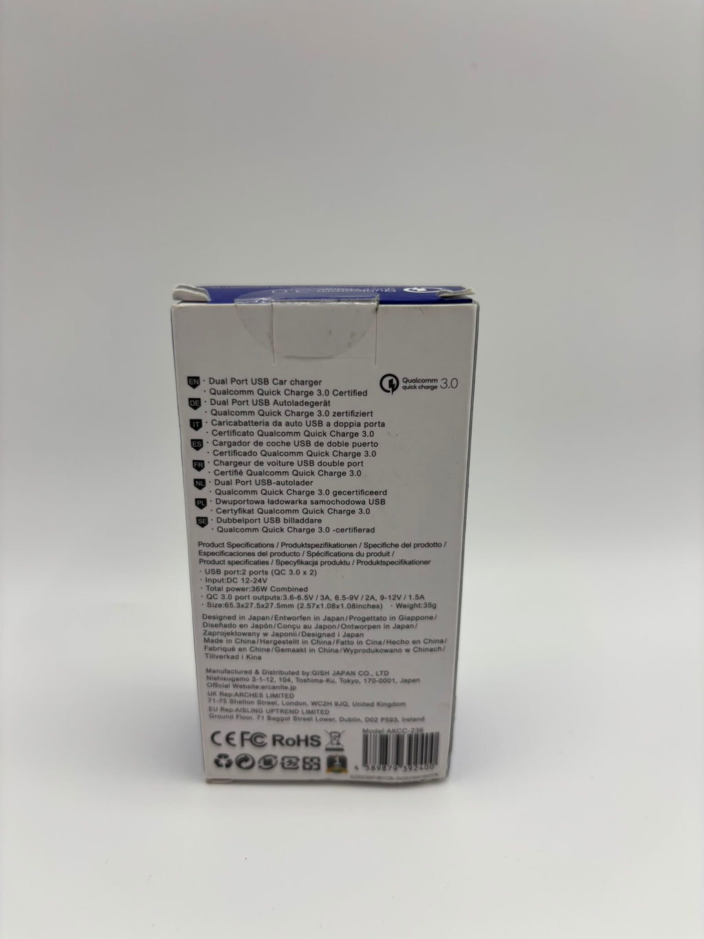 ARCANITE Kétportos Autós Gyorstöltő – 36W, Qualcomm Quick Charge 3.0 (AKCC-236)