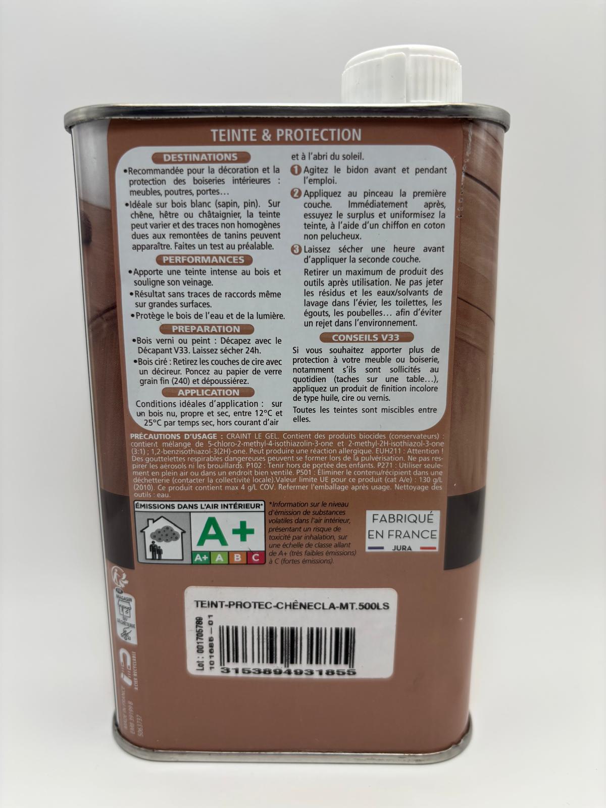 V33 Teinte & Protection Beltéri Fapác és Favédő – Világos tölgy (Chêne Clair), 500 ml