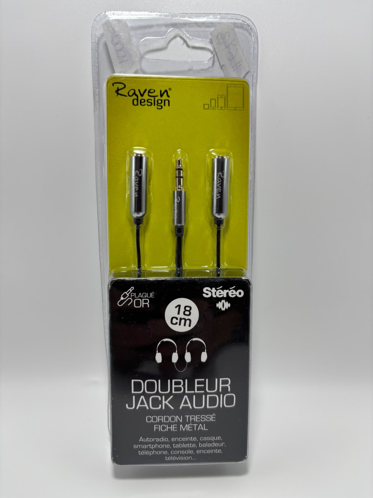 Raven Design sztereó audio jack elosztókábel – 1x 3,5 mm dugó - 2x 3,5 mm aljzat, 18 cm