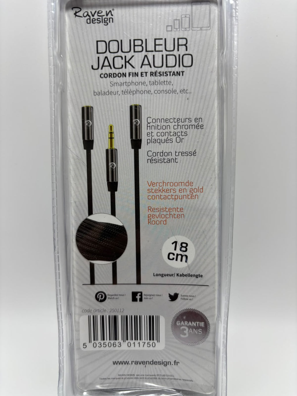 Raven Design sztereó audio jack elosztókábel – 1x 3,5 mm dugó - 2x 3,5 mm aljzat, 18 cm