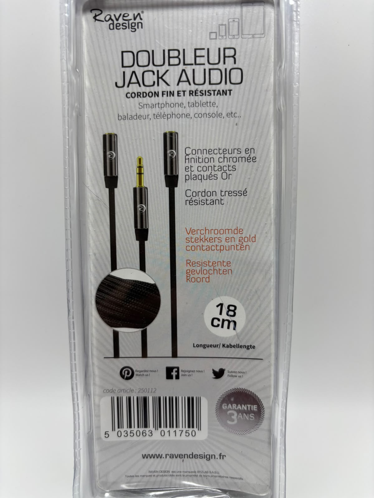 Raven Design sztereó audio jack elosztókábel – 1x 3,5 mm dugó - 2x 3,5 mm aljzat, 18 cm