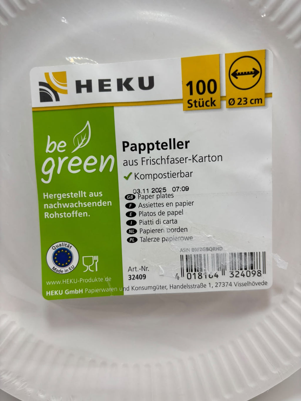 HEKU be green komposztálható papírtányér, 23 cm, 100 db