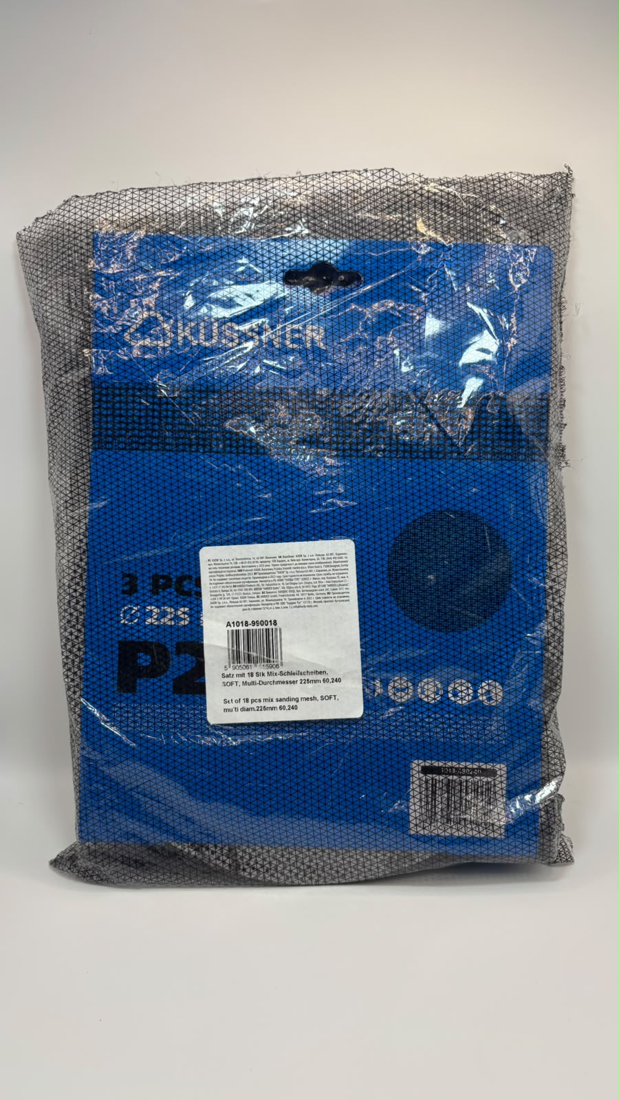 KÜSSNER tépőzáras csiszolóháló és csiszolópapír készlet, Ø 225 mm, P60–P240, 18 db-os szett