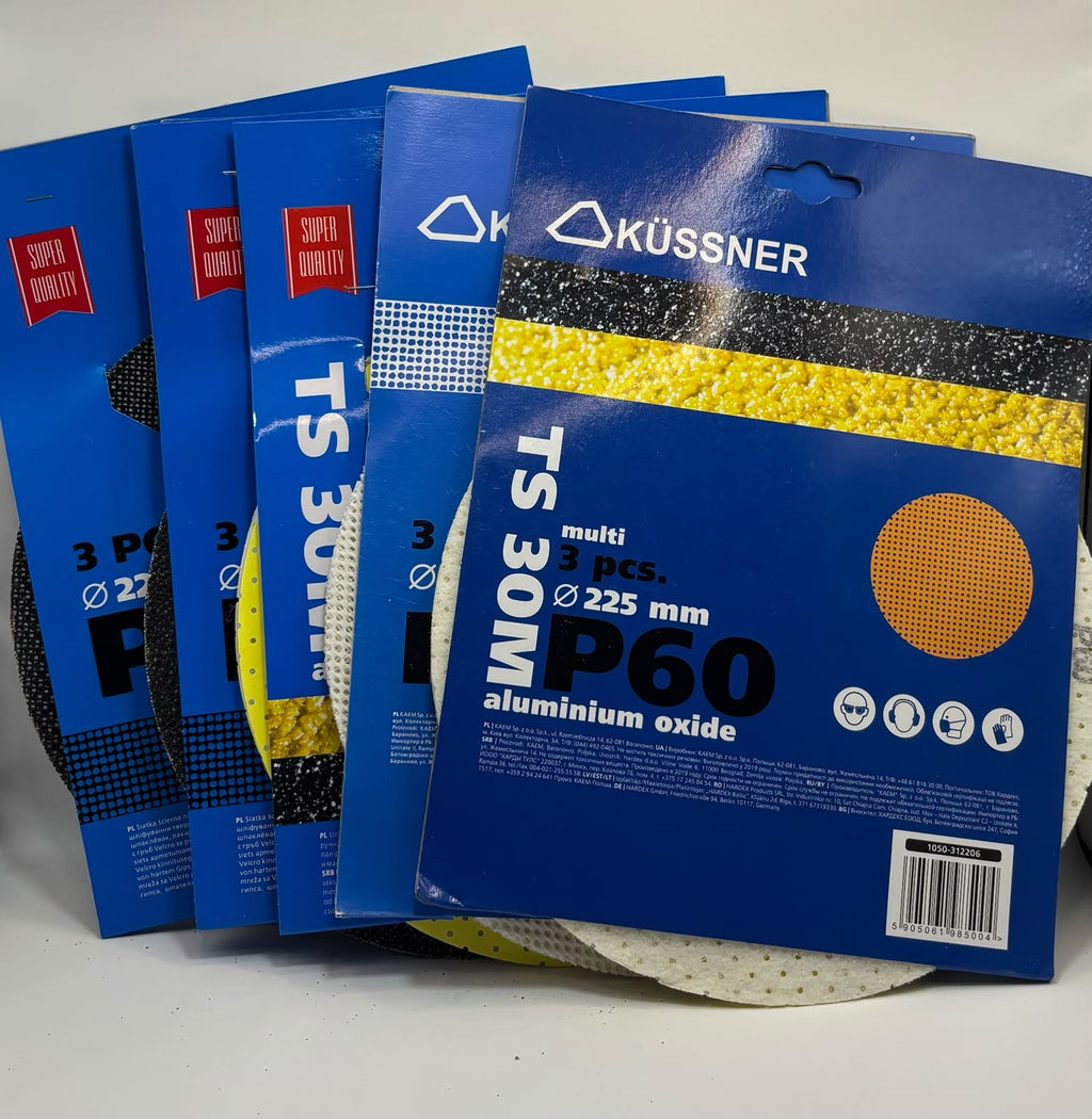 KÜSSNER tépőzáras csiszolóháló és csiszolópapír készlet, Ø 225 mm, P60–P240, 18 db-os szett