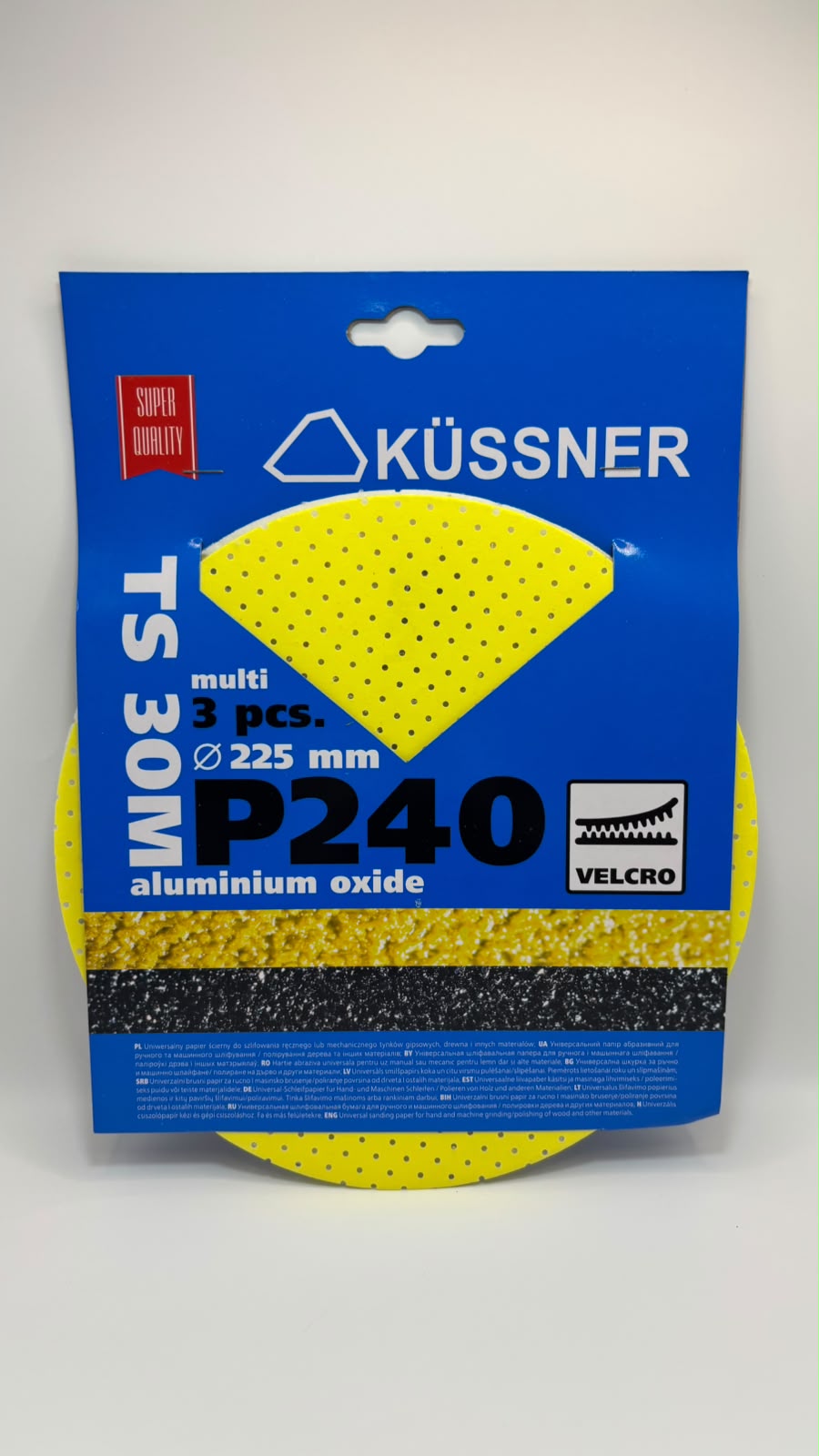 KÜSSNER tépőzáras csiszolóháló és csiszolópapír készlet, Ø 225 mm, P60–P240, 18 db-os szett