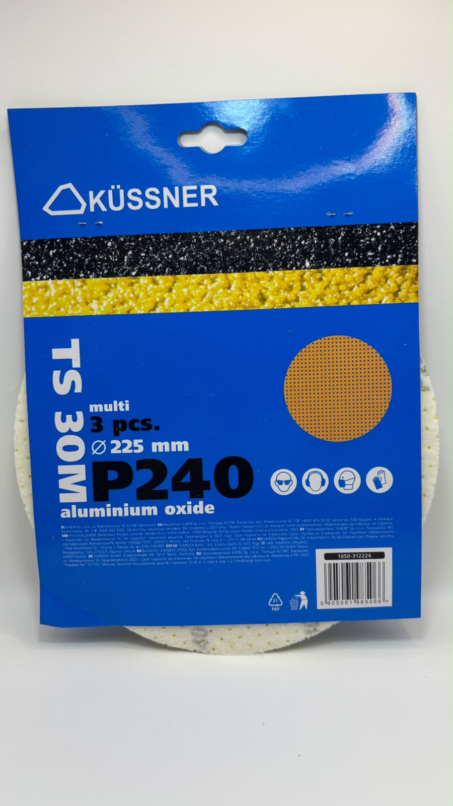 KÜSSNER tépőzáras csiszolóháló és csiszolópapír készlet, Ø 225 mm, P60–P240, 18 db-os szett