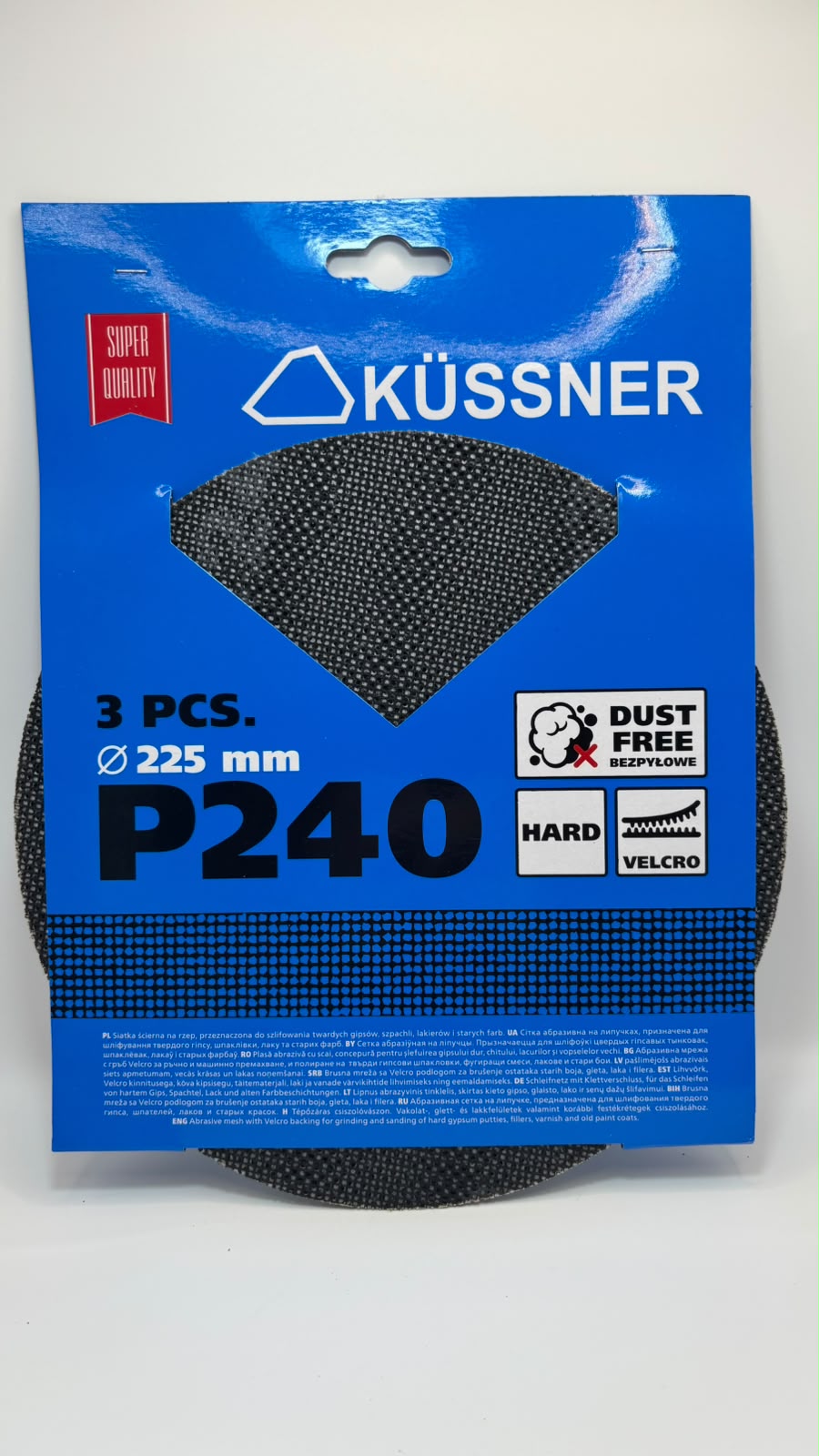 KÜSSNER tépőzáras csiszolóháló és csiszolópapír készlet, Ø 225 mm, P60–P240, 18 db-os szett