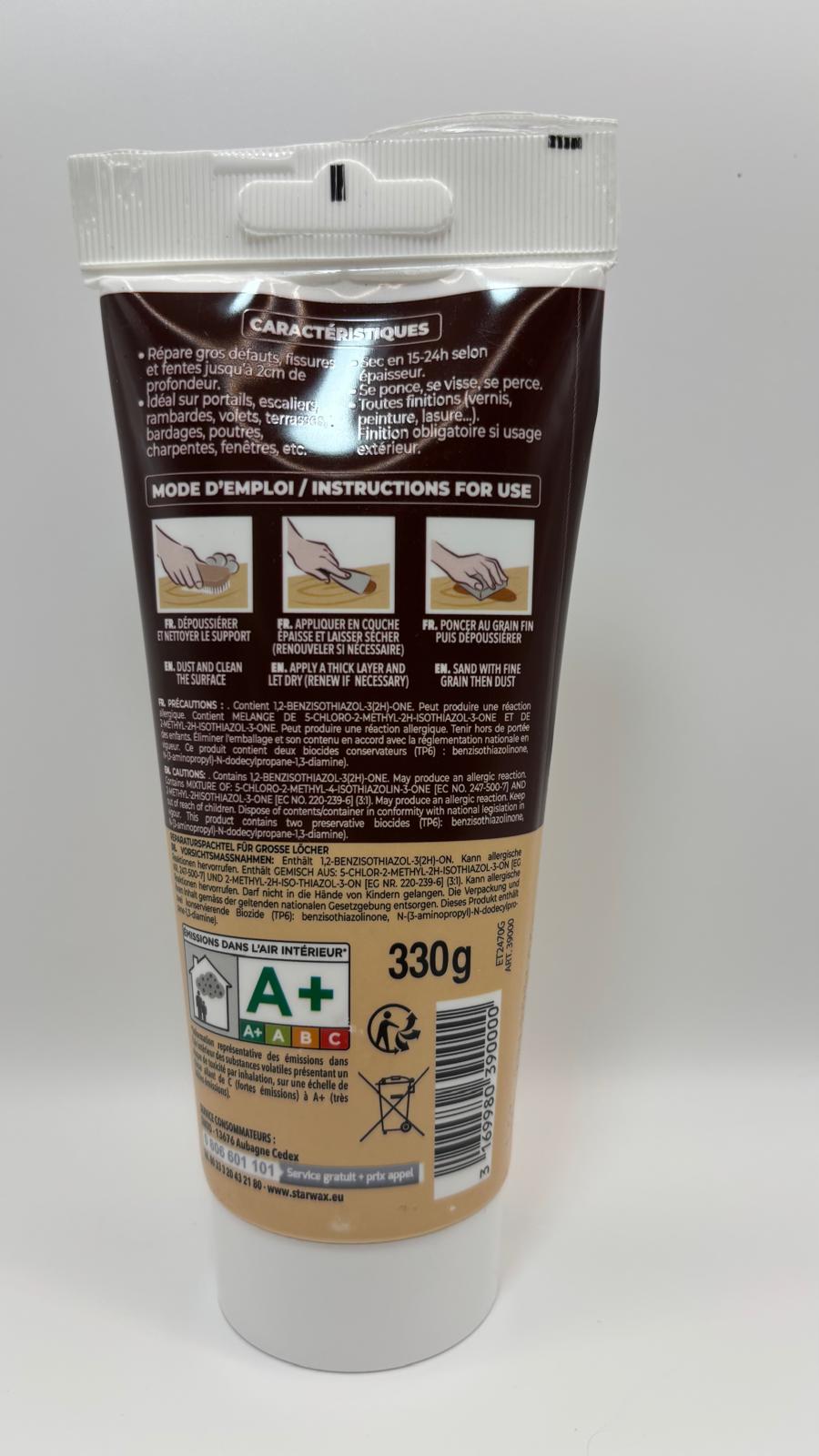 Sintobois világos fa javítótapasz 330 g – hátoldal és vonalkód
